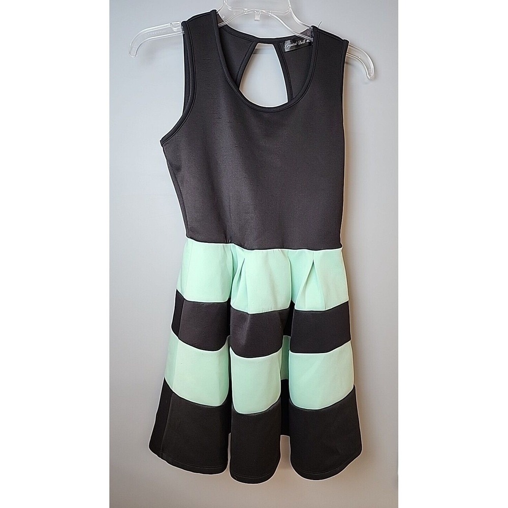 Crystal Doll Women Size 3 Black Mint Green Striped Sleeveless Fit Flare Dress